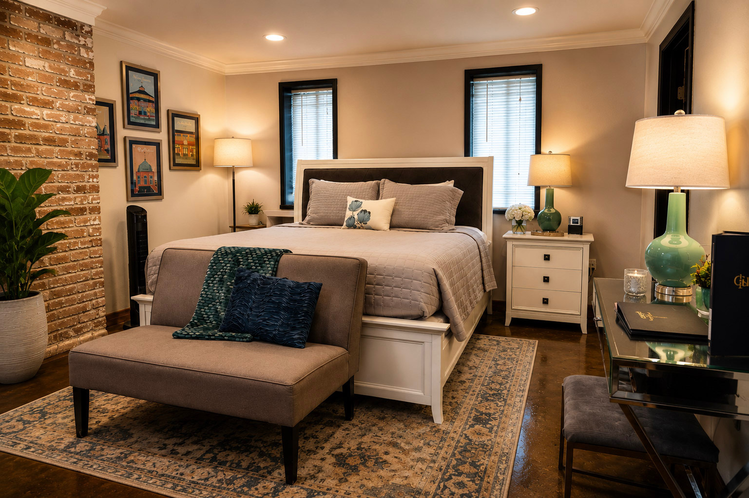 The Camellia Room — king bed with gray quilted bedding, exposed brick wall, garden-facing windows, and teal accent bench