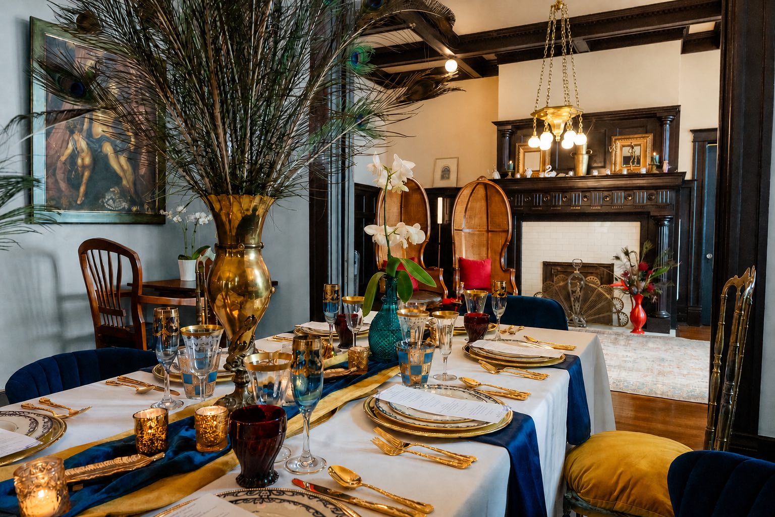 Formal dining table set for a private celebration in the Canal Street Inn parlor