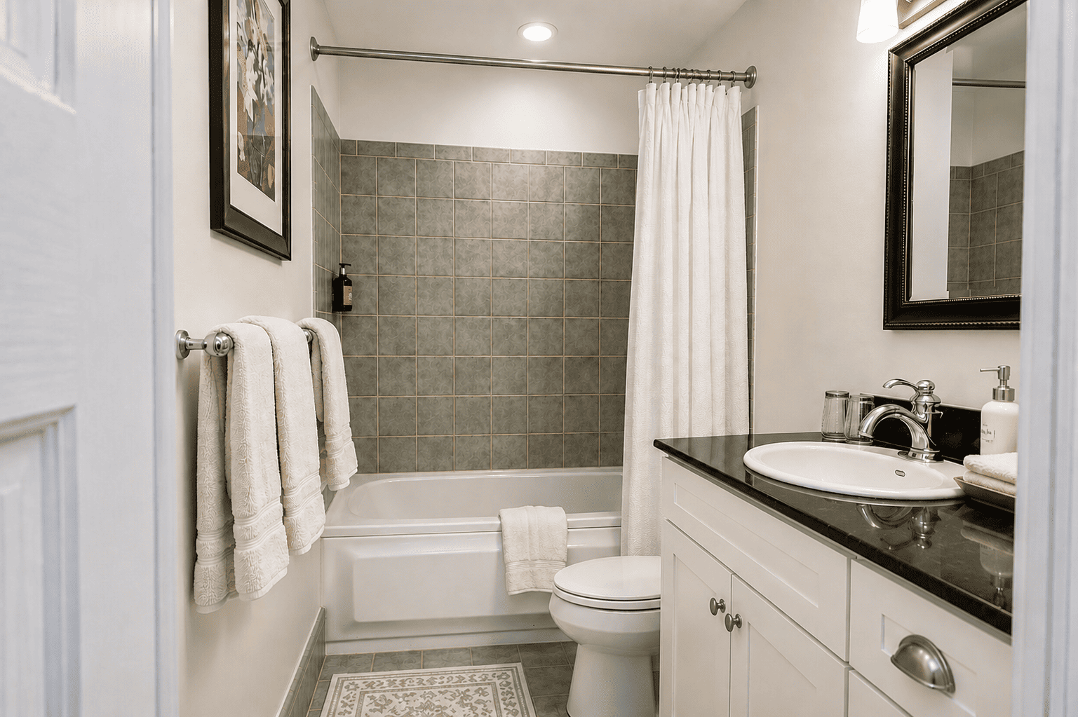 The Fleur-de-lis Room — bathroom with alcove tub, sage tile shower, and granite vanity with oval sink