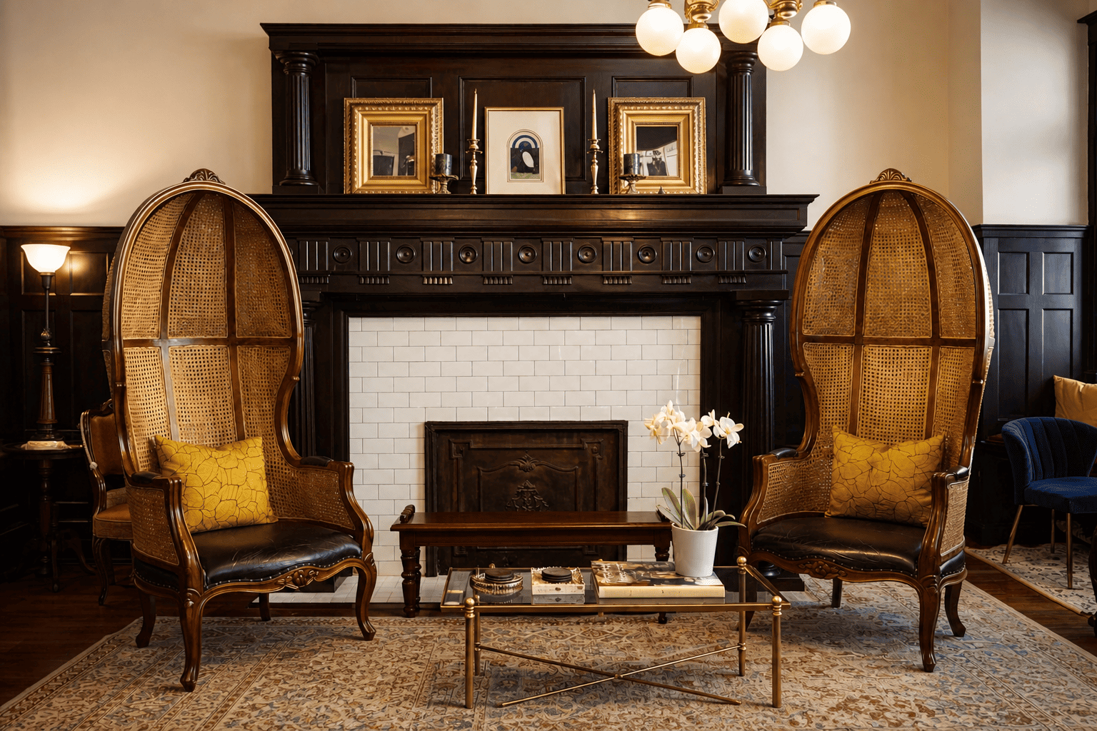 Parlor at Canal Street Inn with a carved dark wood mantel, gilded frames and two cane-back canopy chairs
