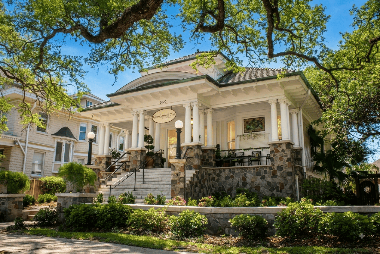Columned porch of Canal Street Inn beneath live oaks on Canal Street in Mid-City New Orleans