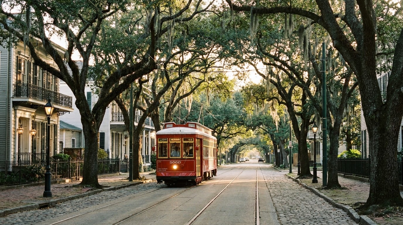 Historic New Orleans street with a red streetcar beneath live oaks