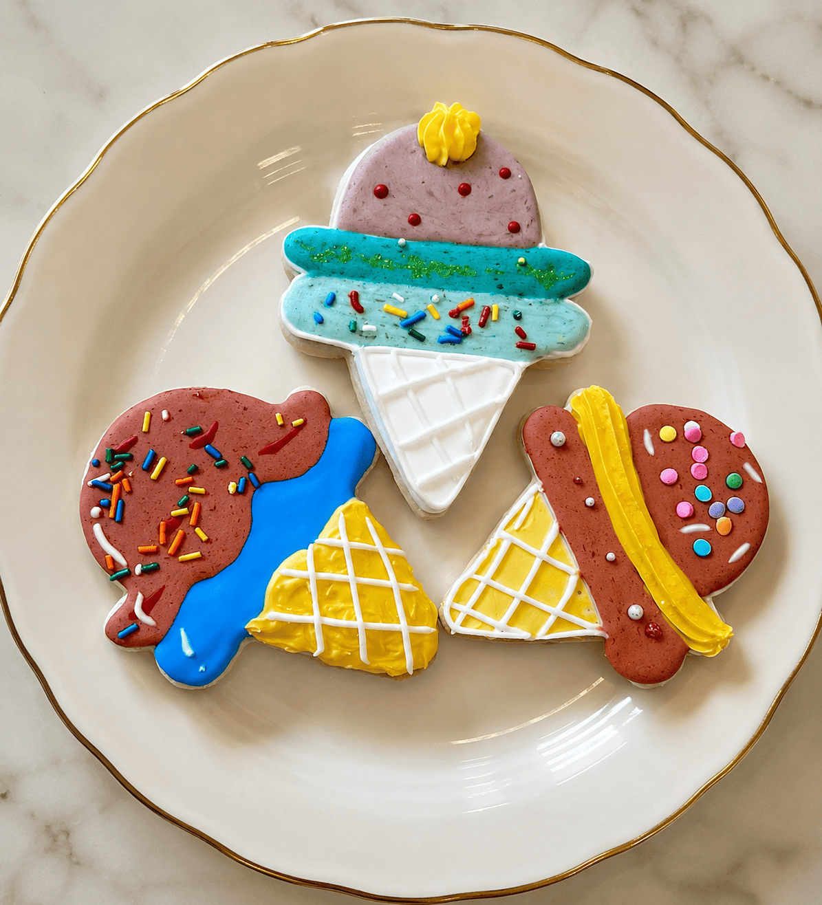 Three ice-cream-cone sugar cookies with sprinkles on a gold-rimmed plate