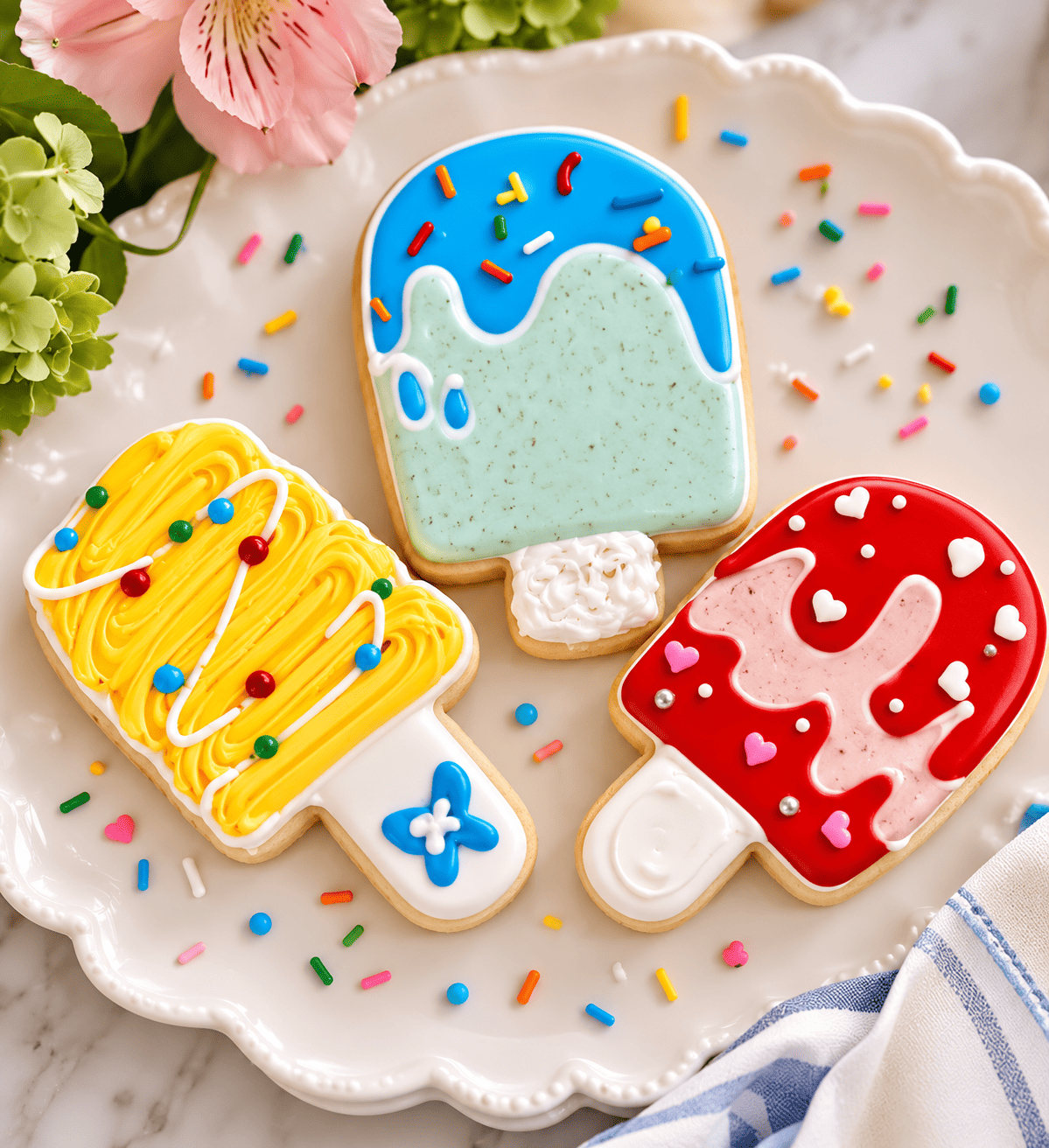 Three popsicle-shaped sugar cookies in yellow, mint, and red on a scalloped plate