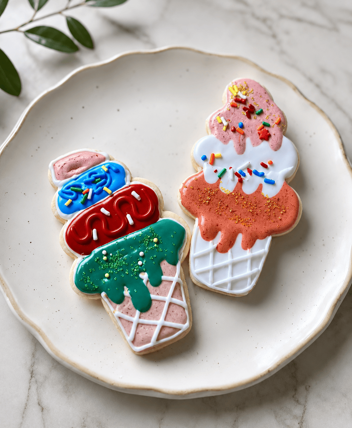 Two stacked ice-cream-cone sugar cookies in pink, blue, and coral on a white plate