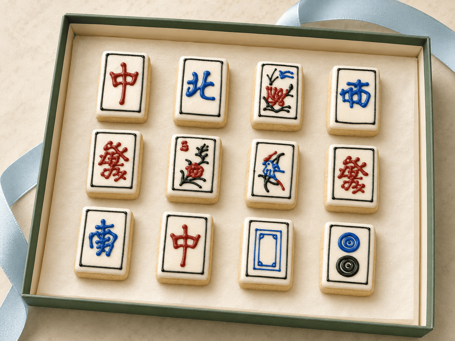 Dozen Mahjong-tile sugar cookies arranged in a green gift box with cream tissue and a blue ribbon