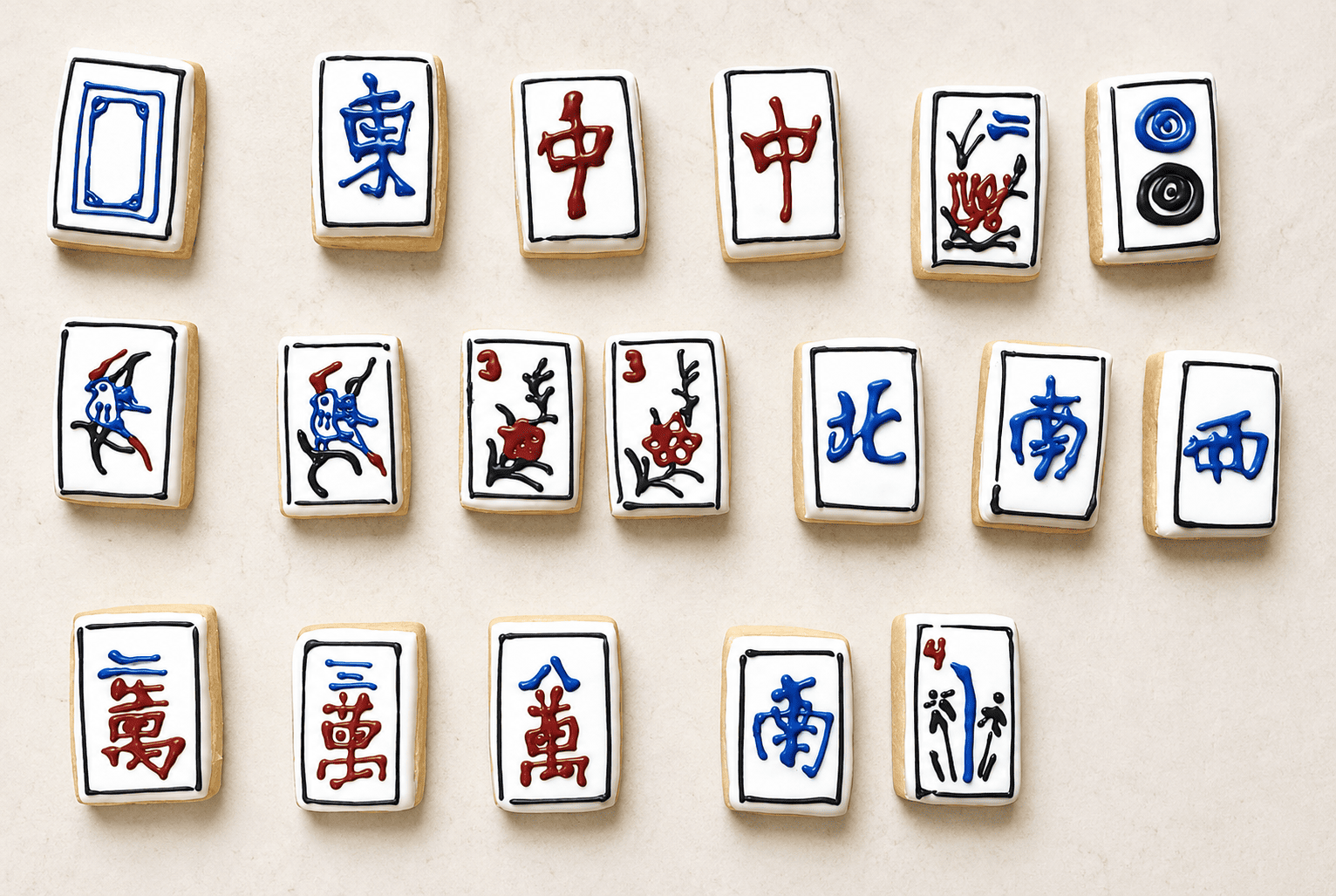 Assorted Mahjong-tile sugar cookies with dragons, winds, and bamboo motifs laid out on a light surface