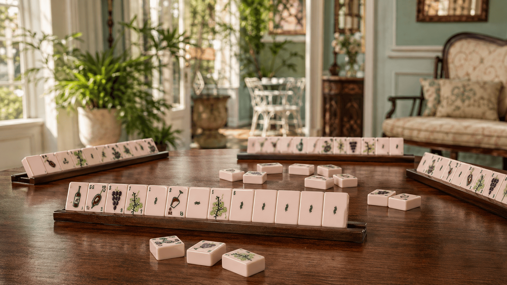 Wine-themed Mahjong tiles arranged on a dark wood table in a sunlit Canal Street Inn parlor