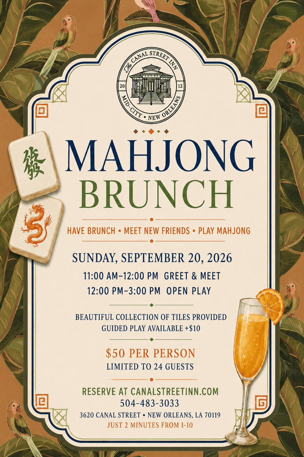 Mahjong Brunch flyer for Canal Street Inn — Sunday brunch, open play, and guided Mahjong in New Orleans