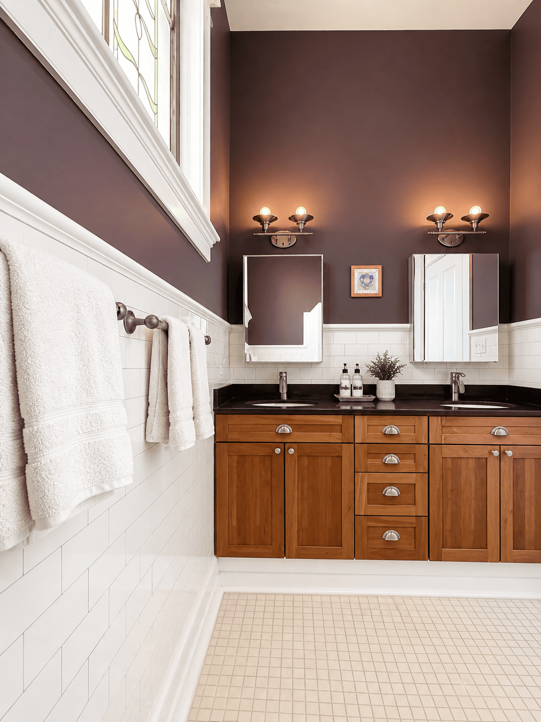 The Prytania Suite — double vanity with black granite countertop, plum walls, and Edison sconces