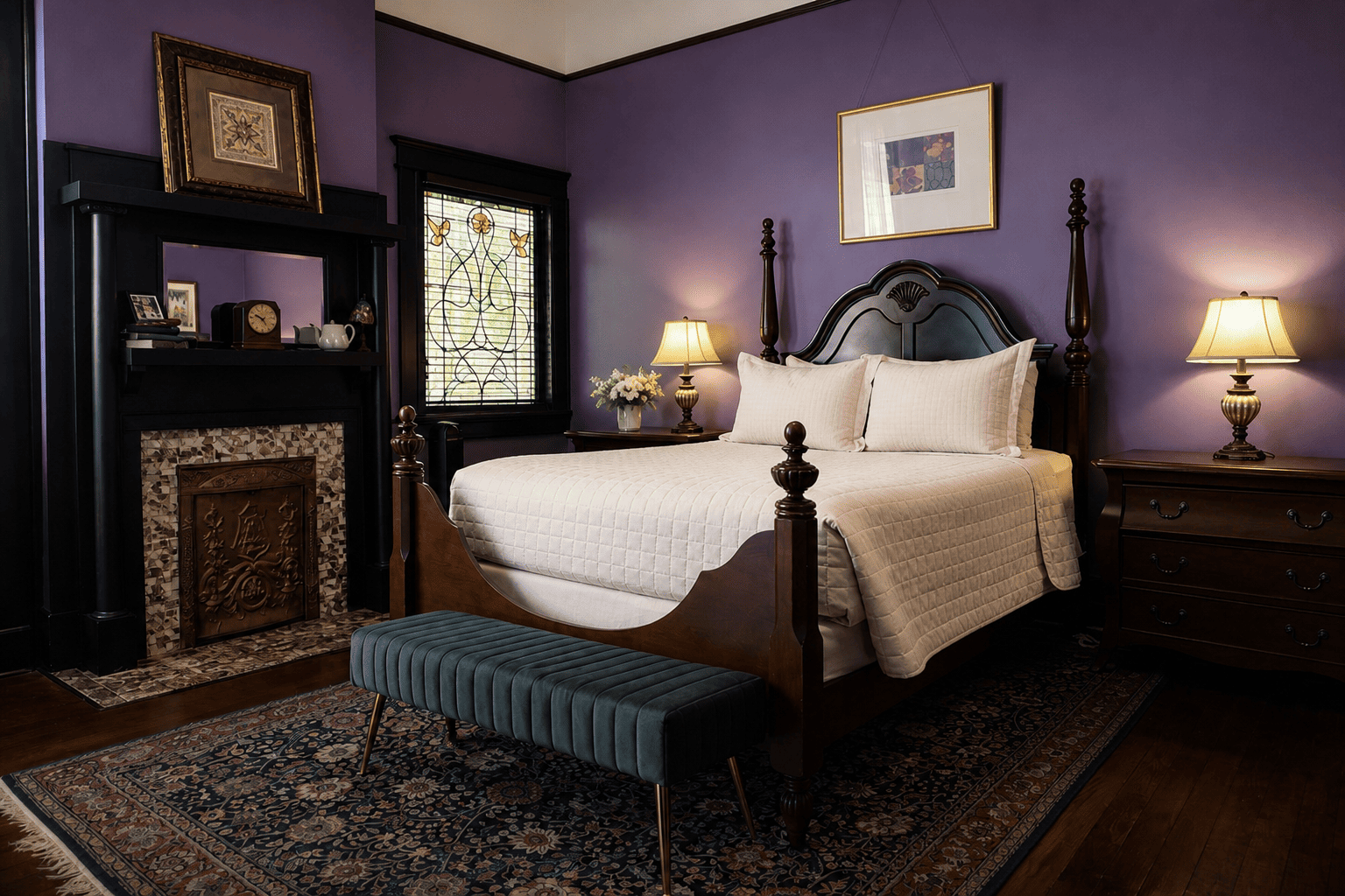 The Royal Street Room — four-poster queen bed, purple walls, mahogany mantelpiece, and stained-glass window