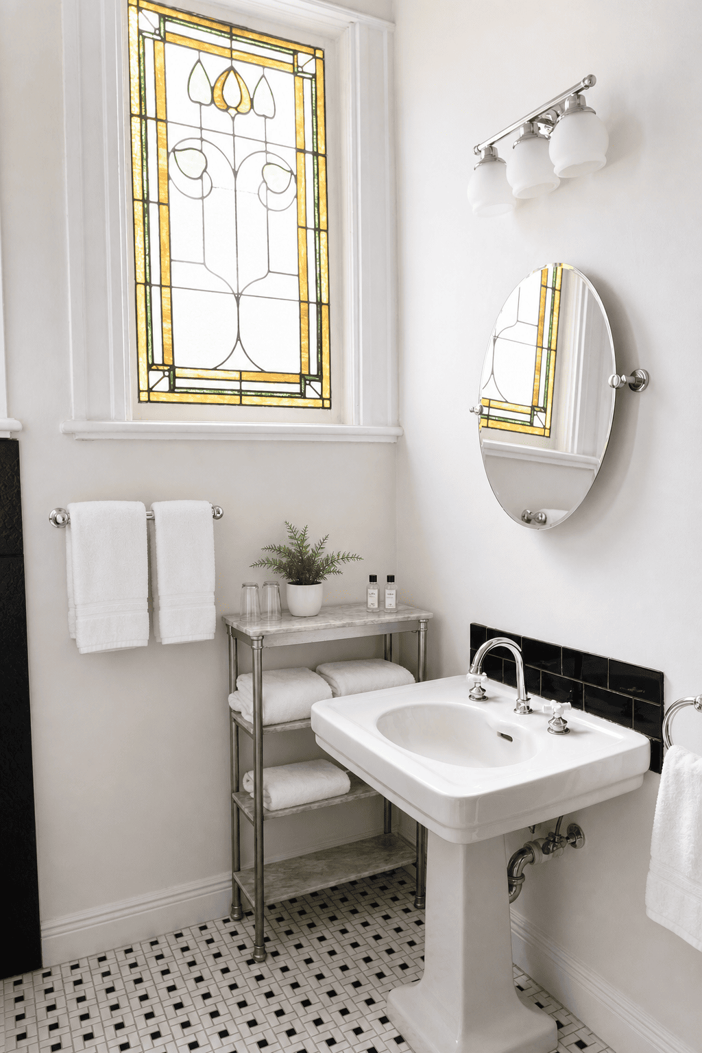 The Royal Street Room — pedestal sink, oval mirror, and stained-glass window with floral motifs
