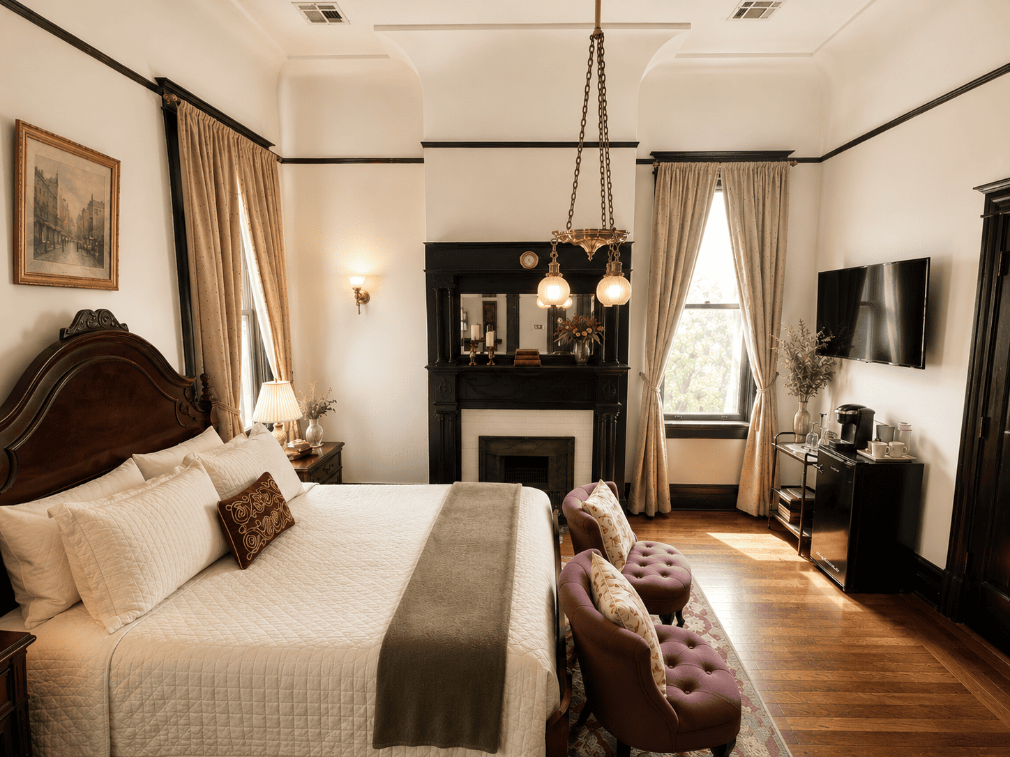 The Street Car Room — queen bed, neo-Classical mantelpiece, and floor-to-ceiling windows