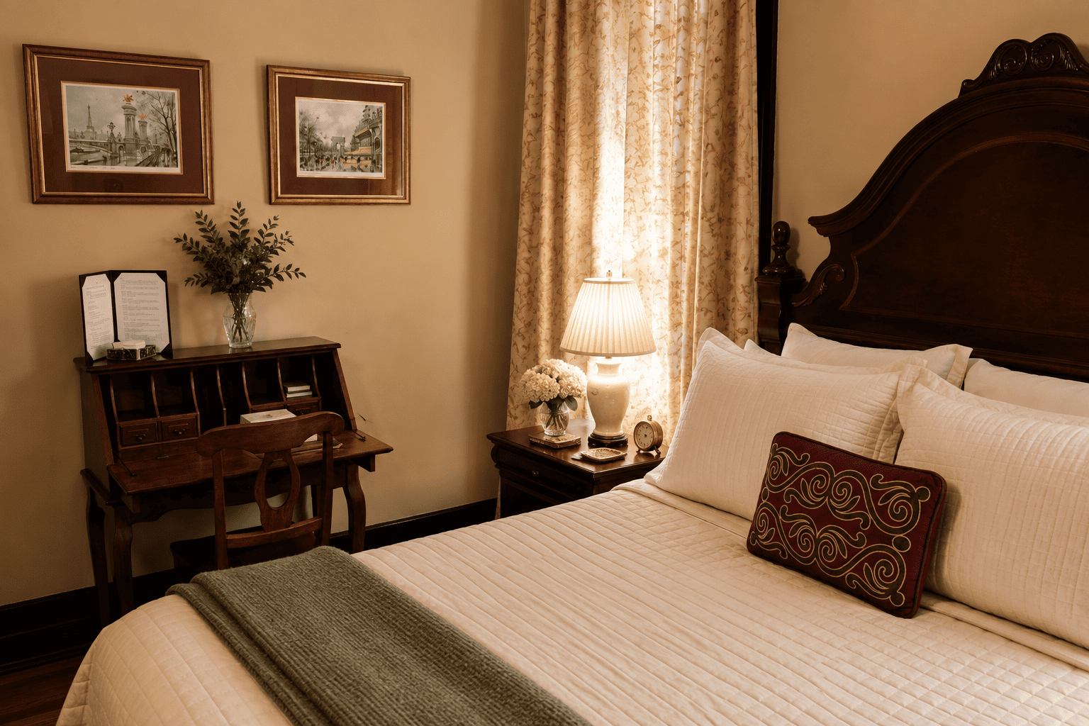 The Street Car Room — queen bed with antique secretary desk and vintage cityscape art